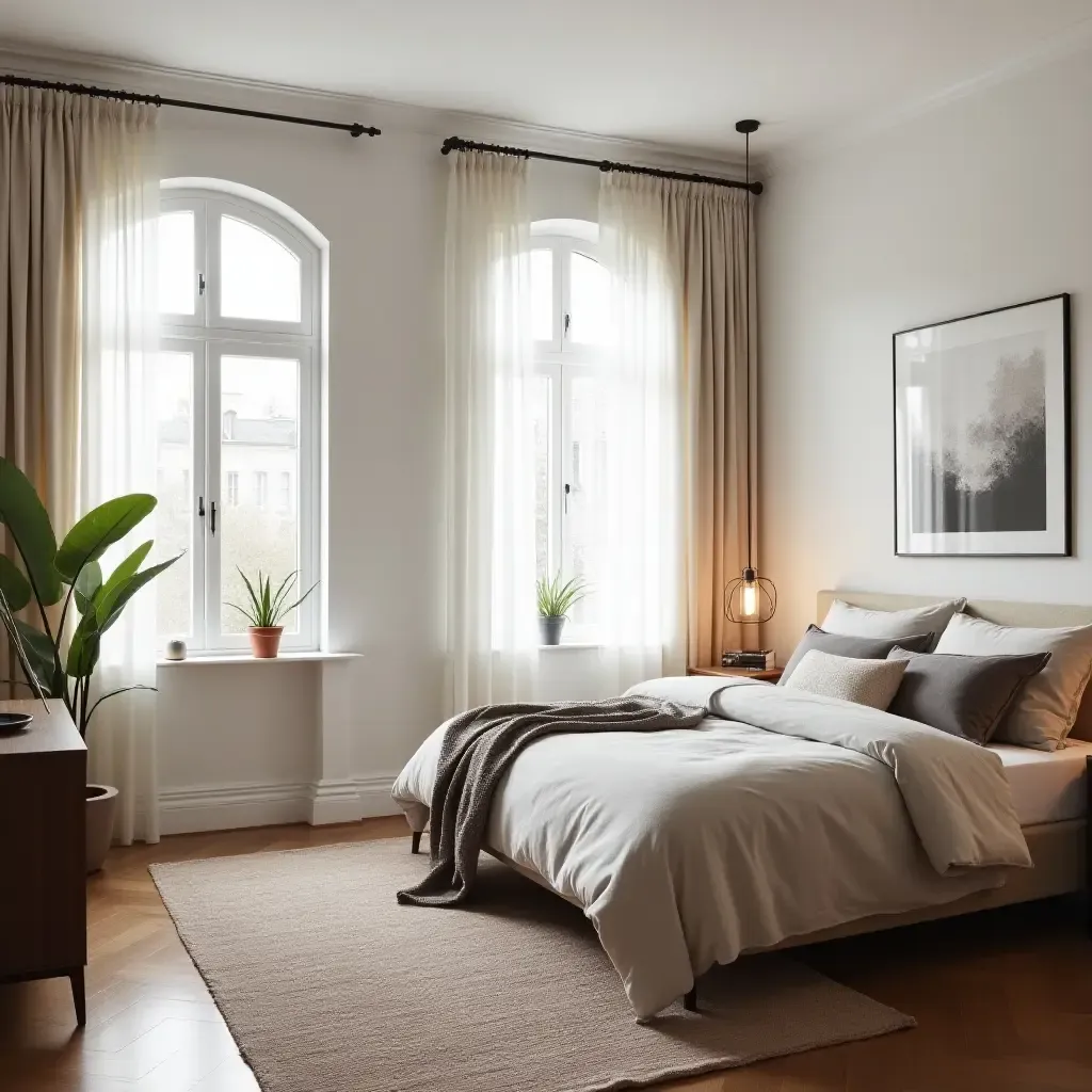 a photo of a small bedroom with a stylish area rug