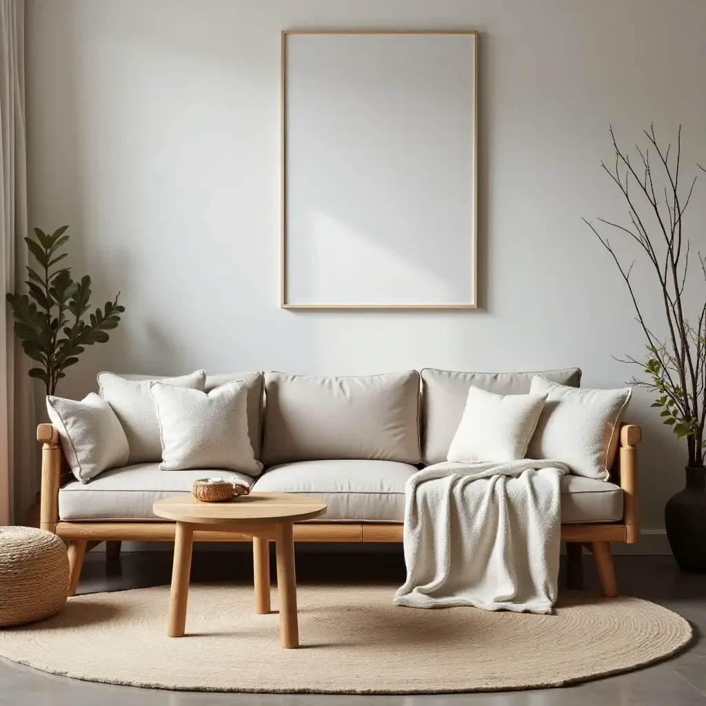 a photo of a stylish living room with wooden furniture and cozy blankets