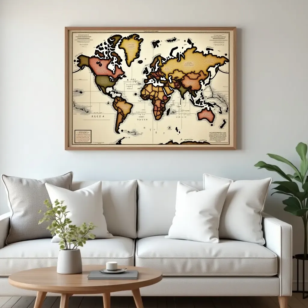 a photo of a framed vintage map as a focal point in the room