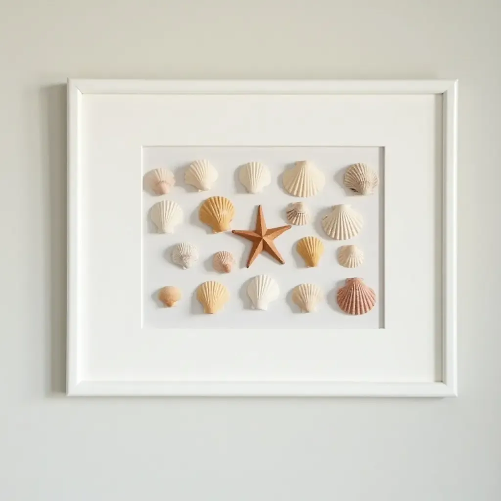 a photo of a collection of seashells framed as wall art in a bathroom