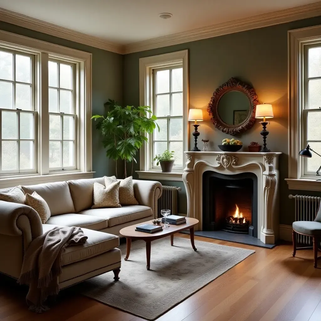 a photo of a vintage-inspired living room with a sectional and an ornate fireplace