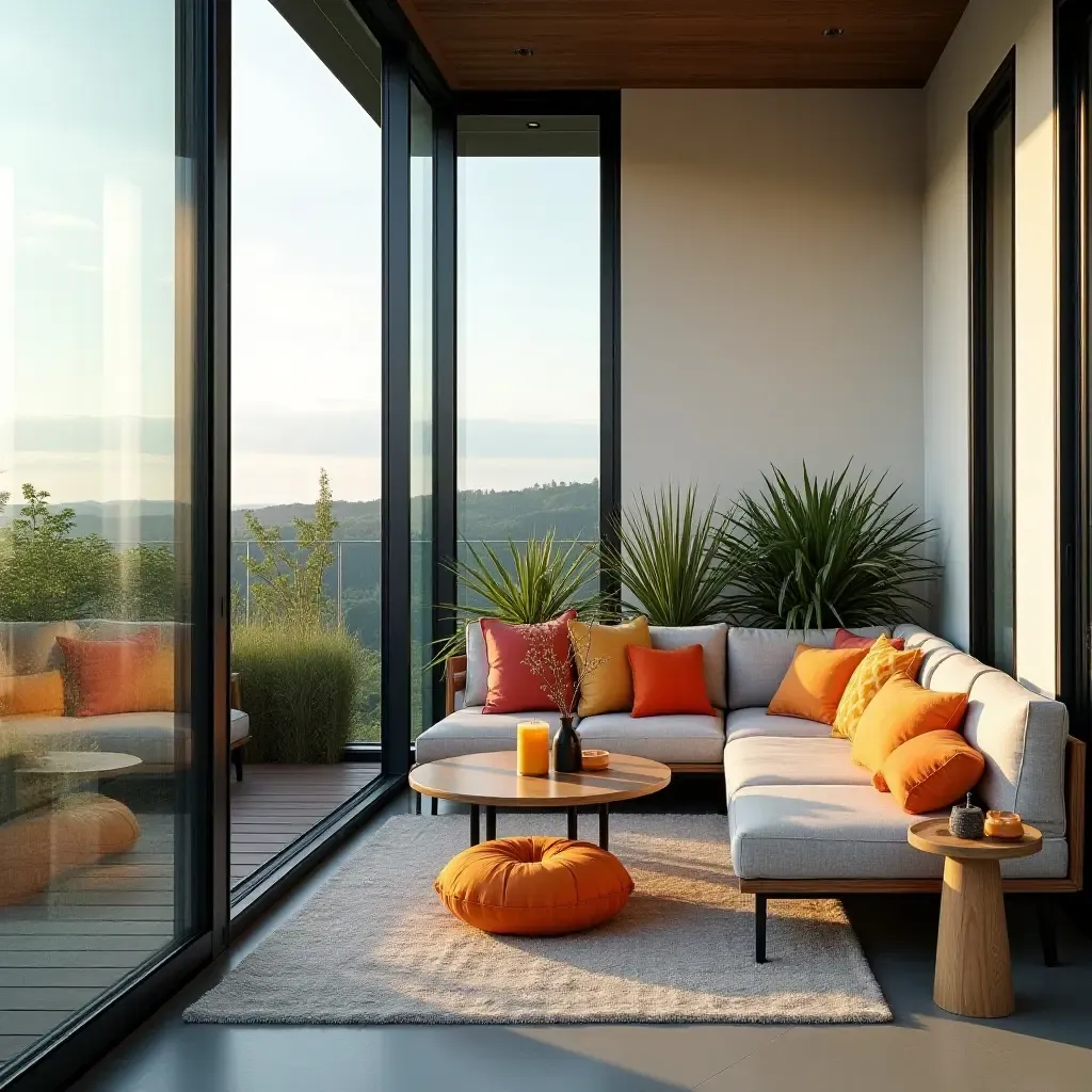 a photo of a glass balcony with colorful outdoor cushions for a cozy feel