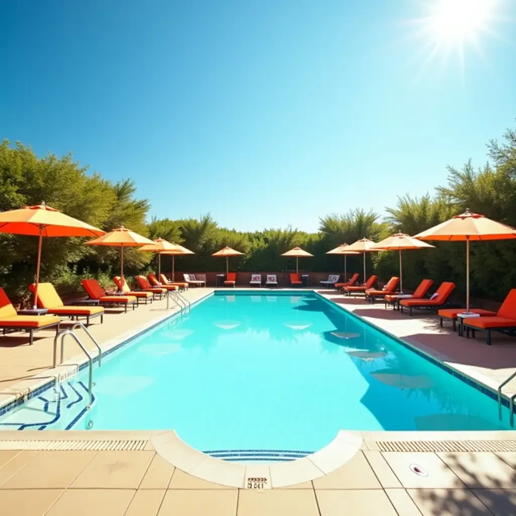 a photo of a sun-drenched pool deck with colorful umbrellas and loungers