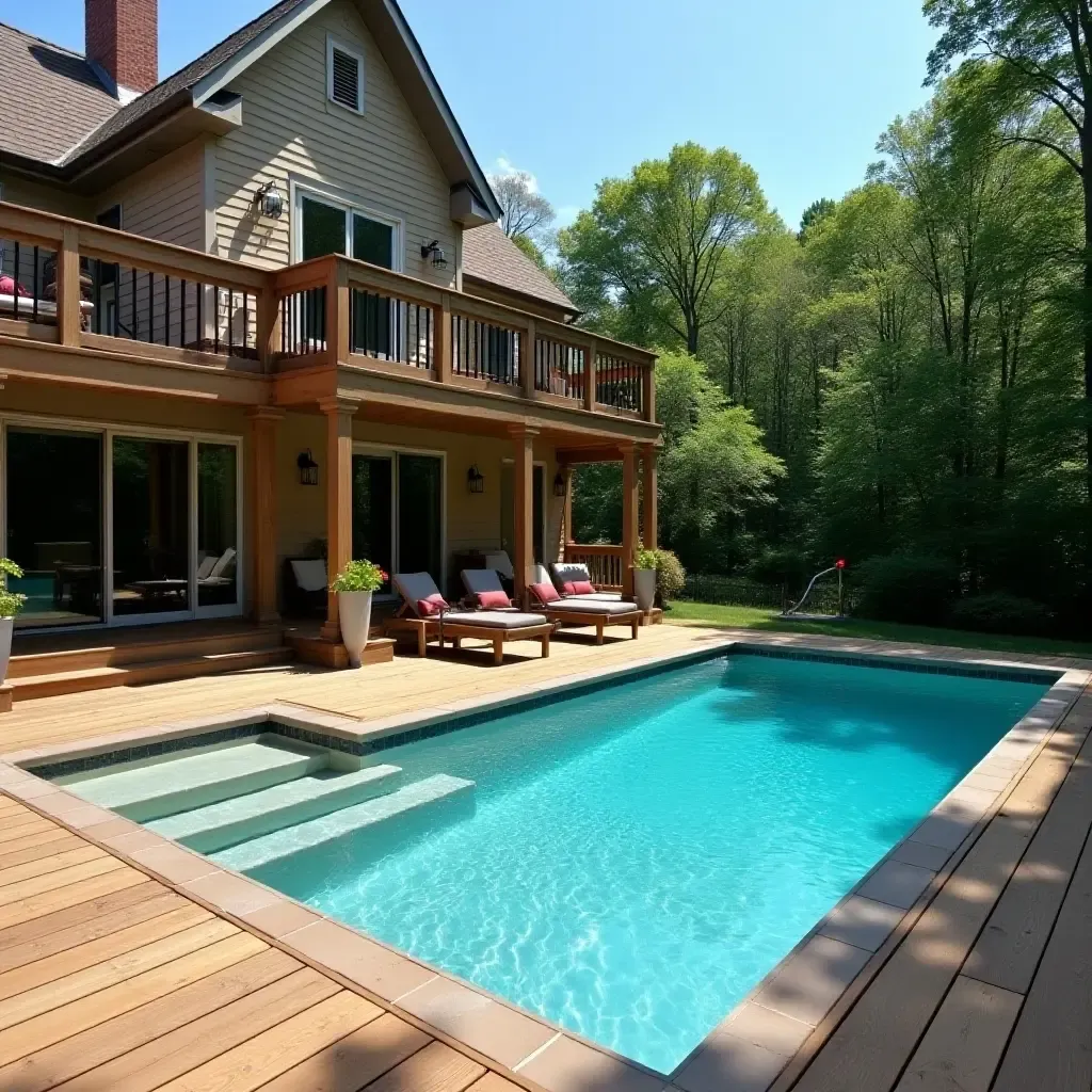 a photo of a wooden deck with a hot tub next to the pool