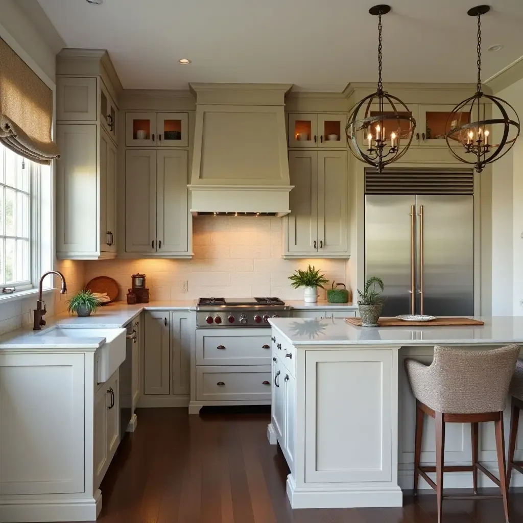 a photo of a classic kitchen featuring copper accents