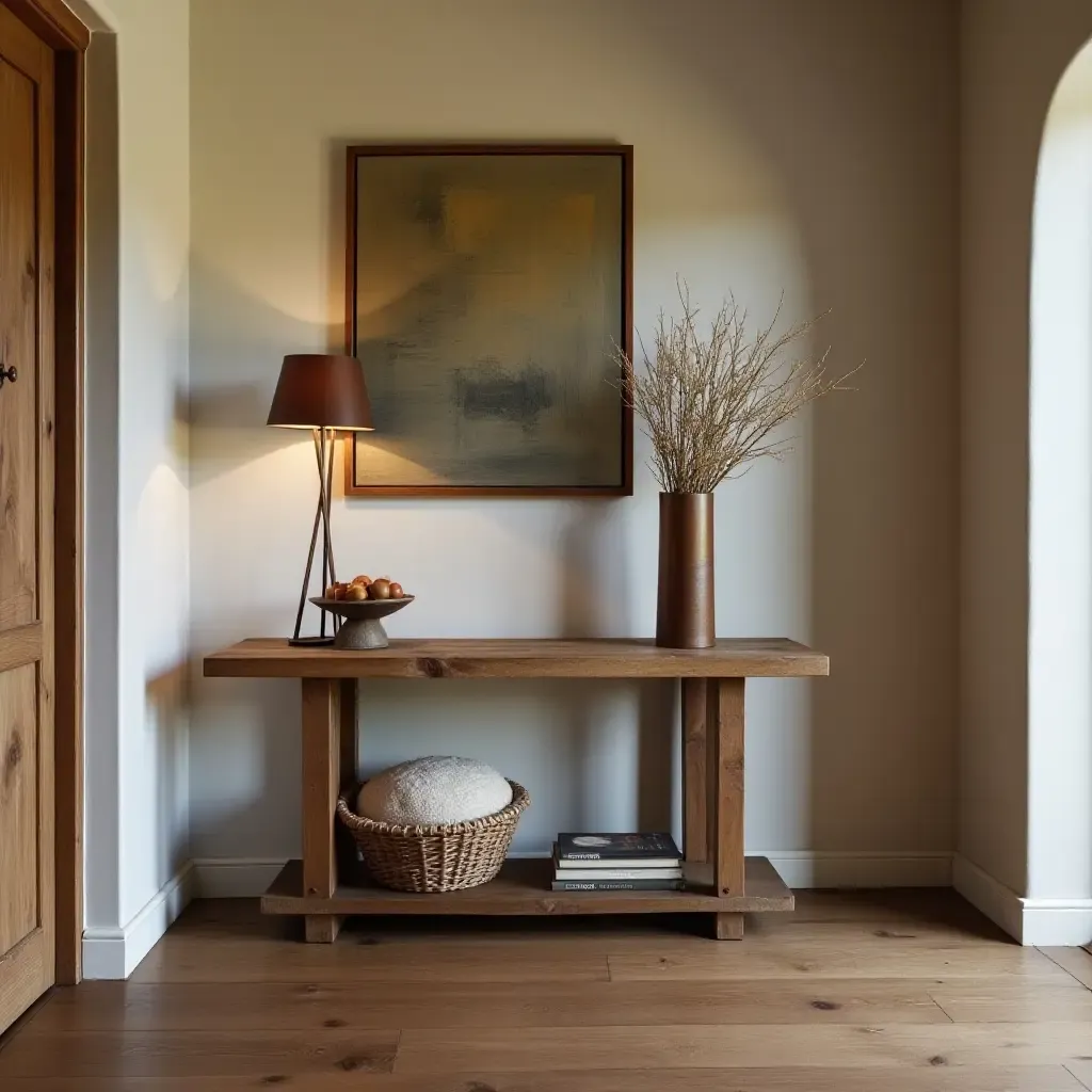 a photo of a rustic corridor featuring a reclaimed wood console table