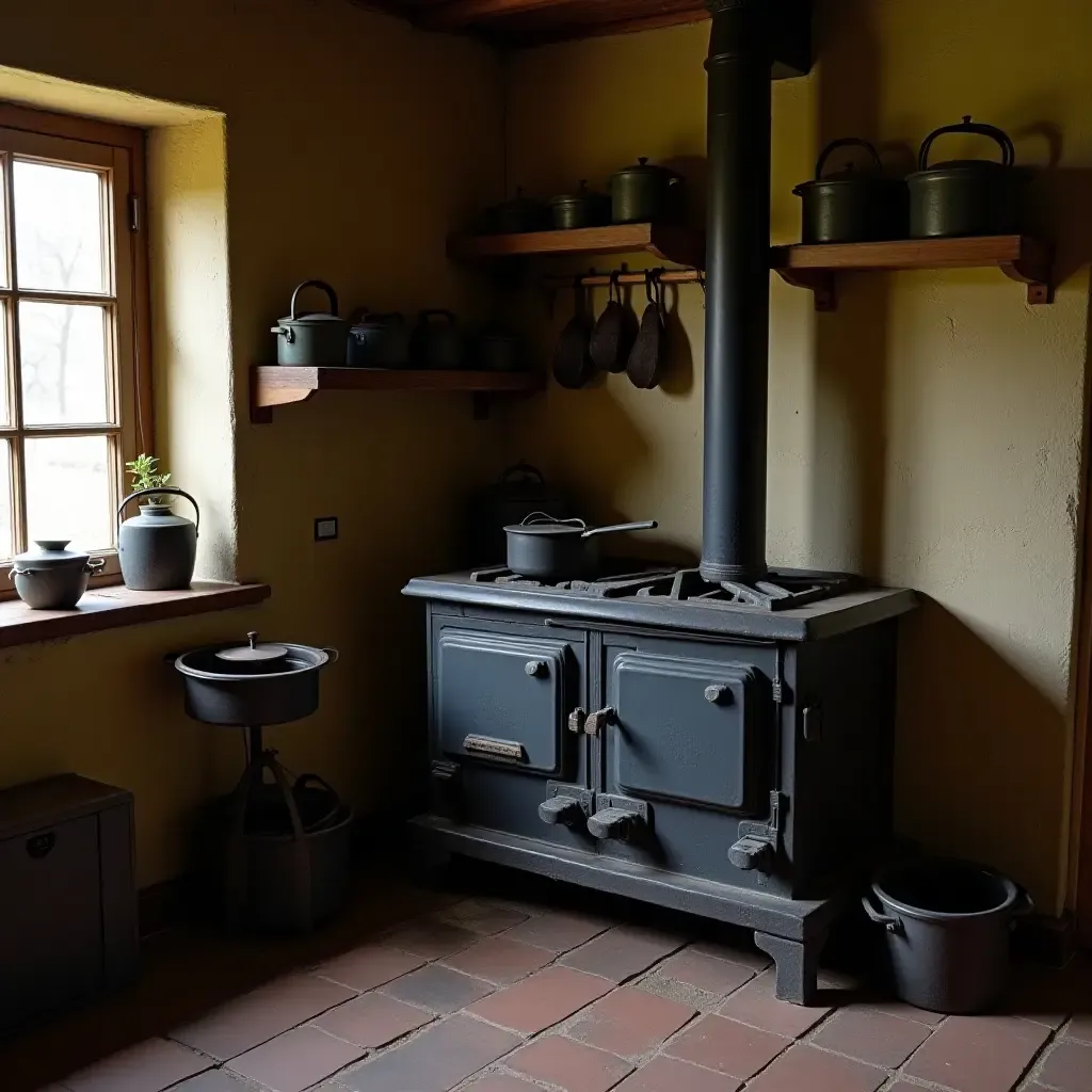 a photo of a vintage kitchen with a wood-burning stove and cast iron pots