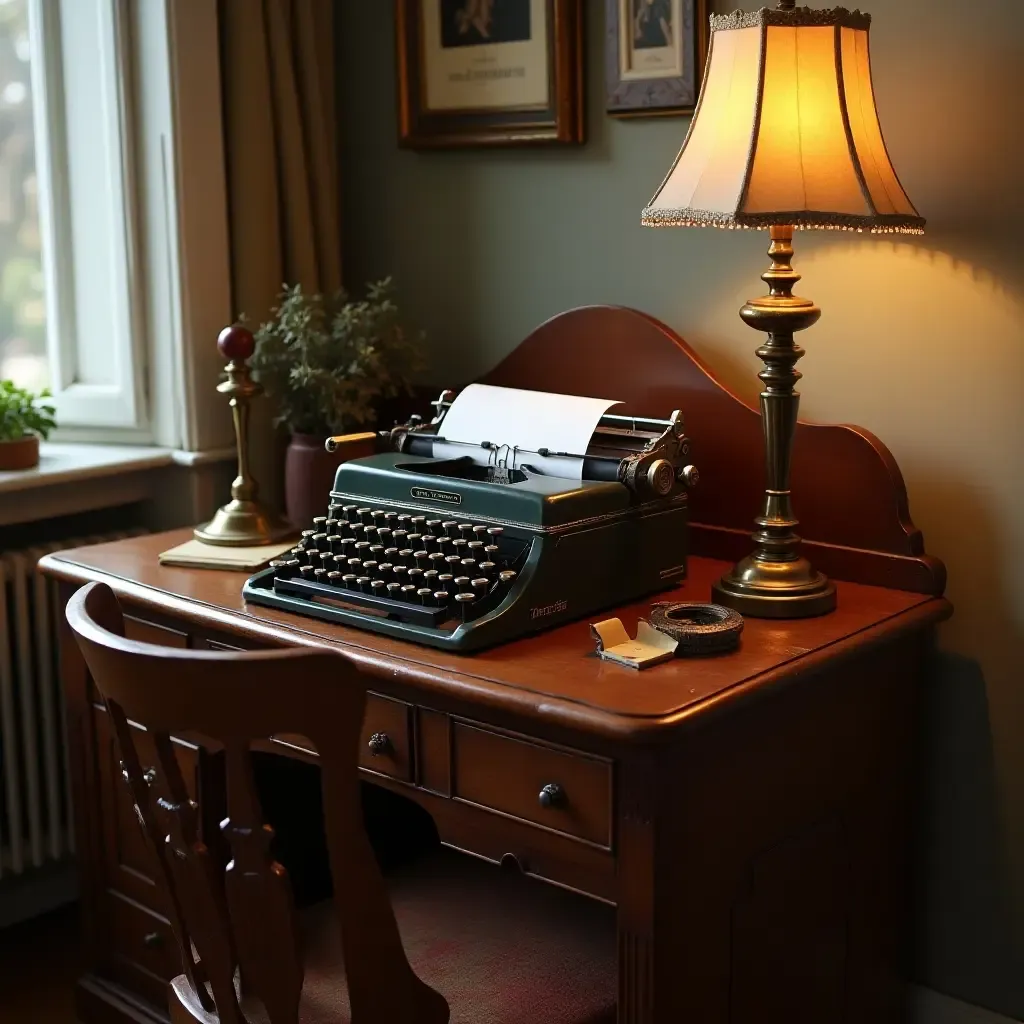 a photo of a charming antique desk with a typewriter