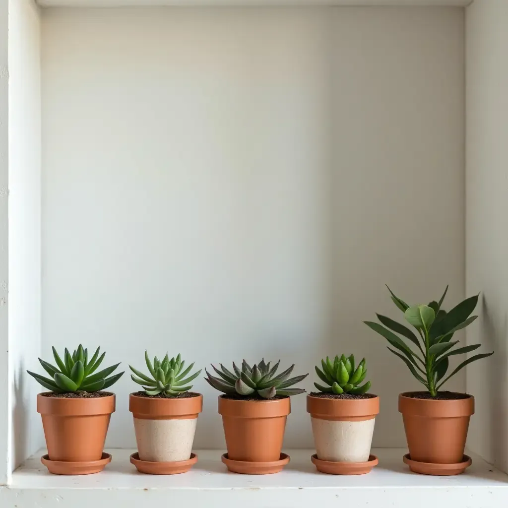 a photo of a kitchen shelf adorned with small potted succulents