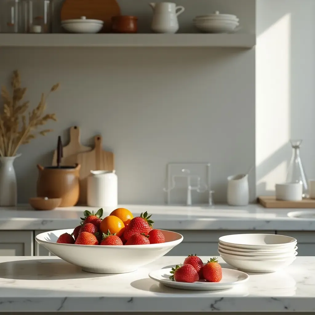 a photo of a kitchen with a beautiful fruit bowl and elegant serving dishes