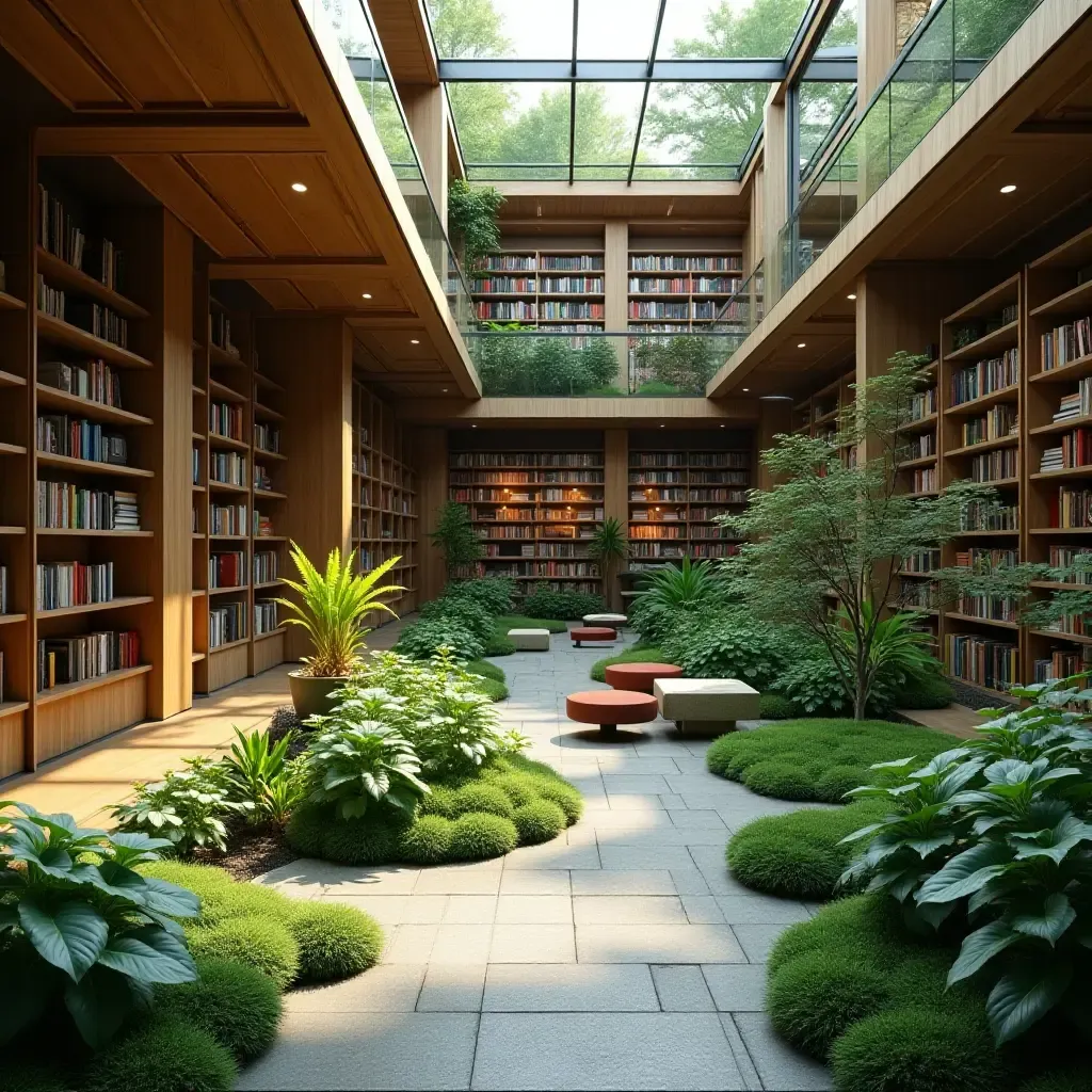 a photo of a library with a zen garden and plants