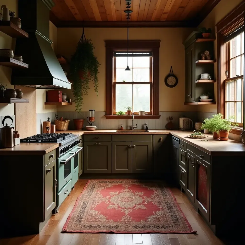 a photo of a cozy kitchen with a vintage rug and warm lighting