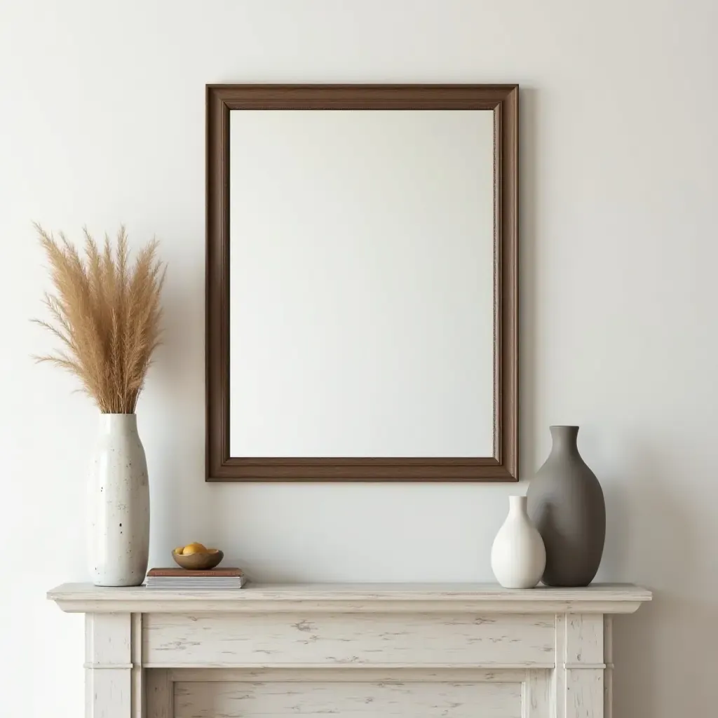 a photo of a mirror collage adding personality to a mantel space