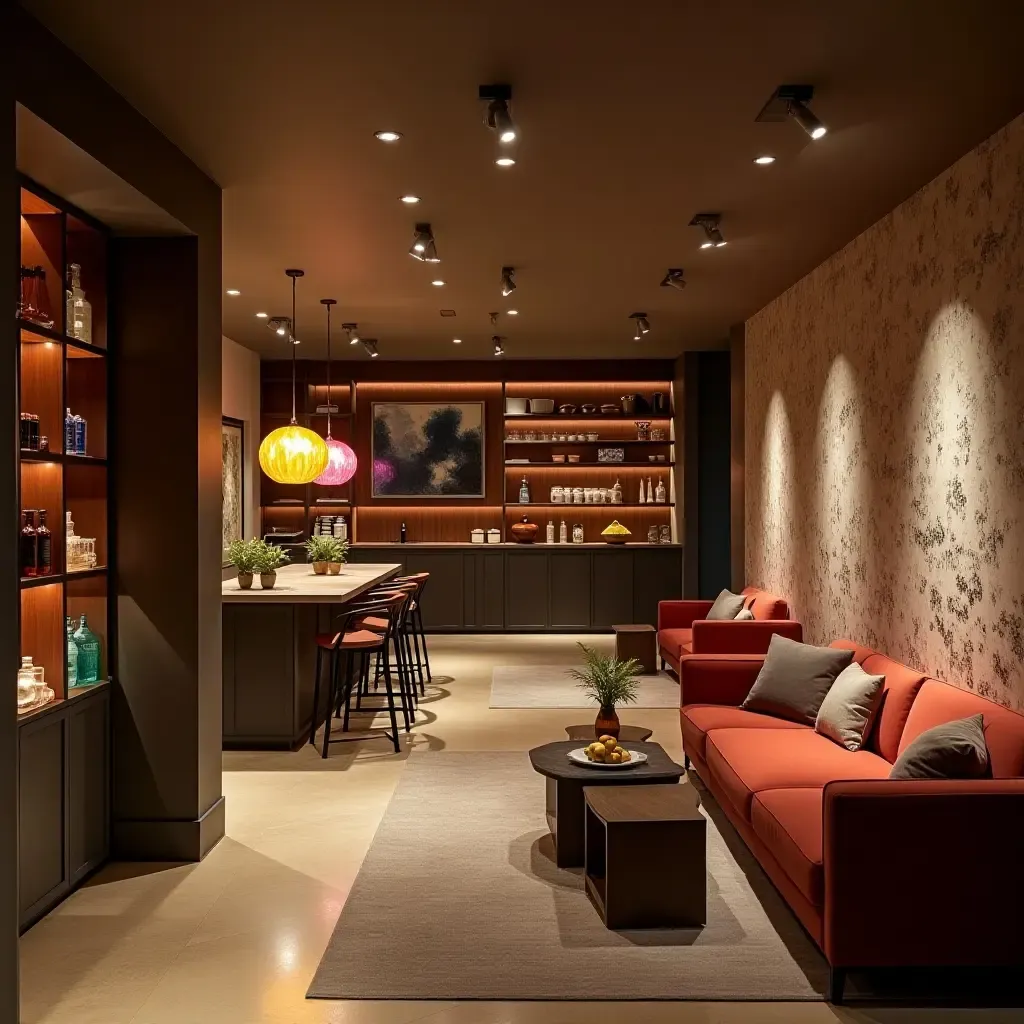 a photo of a stylish basement with colorful pendant lights