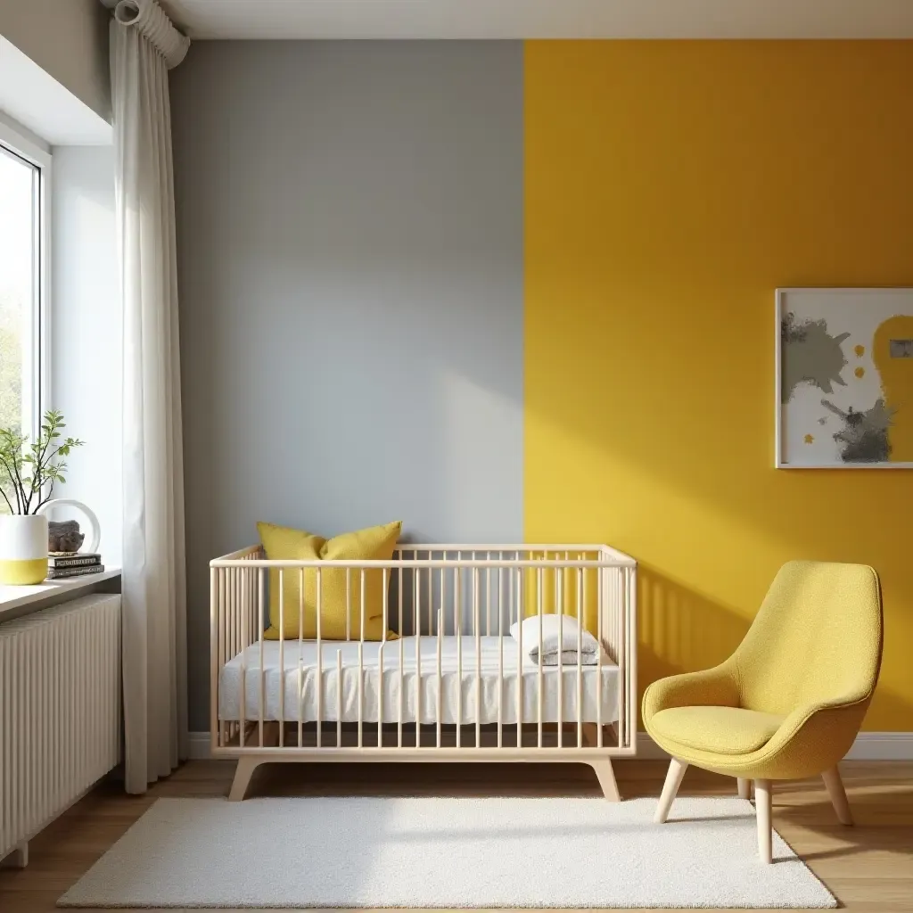 a photo of a nursery with cool gray and bright mustard yellow