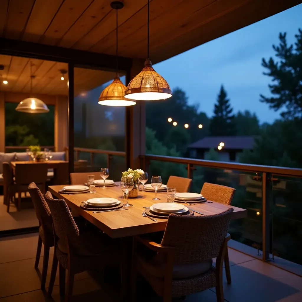 a photo of a balcony dining area illuminated by pendant lights