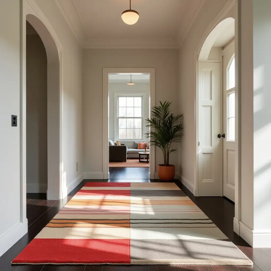 a photo of a striped rug in bold colors enhancing a contemporary hallway