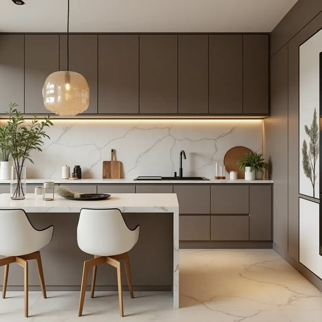 a photo of a kitchen with a sophisticated color palette and chic decor