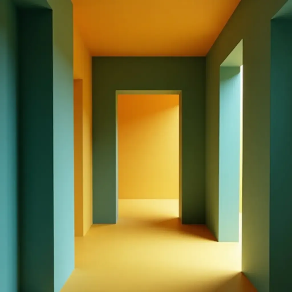 a photo of a vibrant teal and mustard yellow corridor