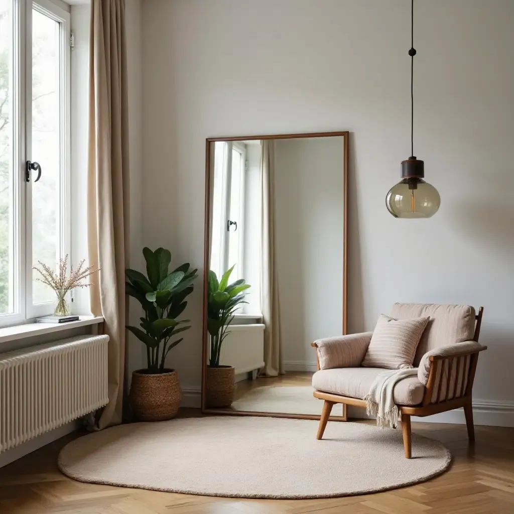 a photo of a bohemian-style living room with a large floor mirror