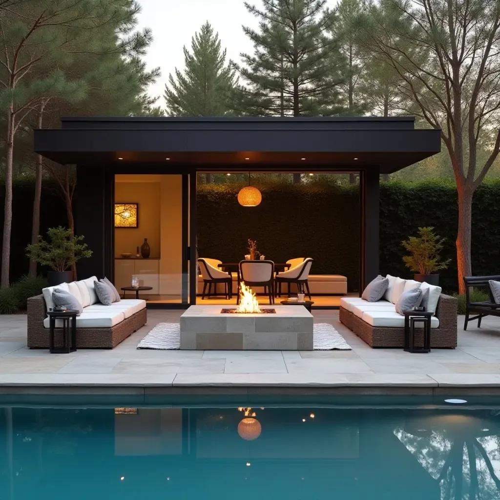 a photo of a chic poolside lounge with a fire pit and cozy seating