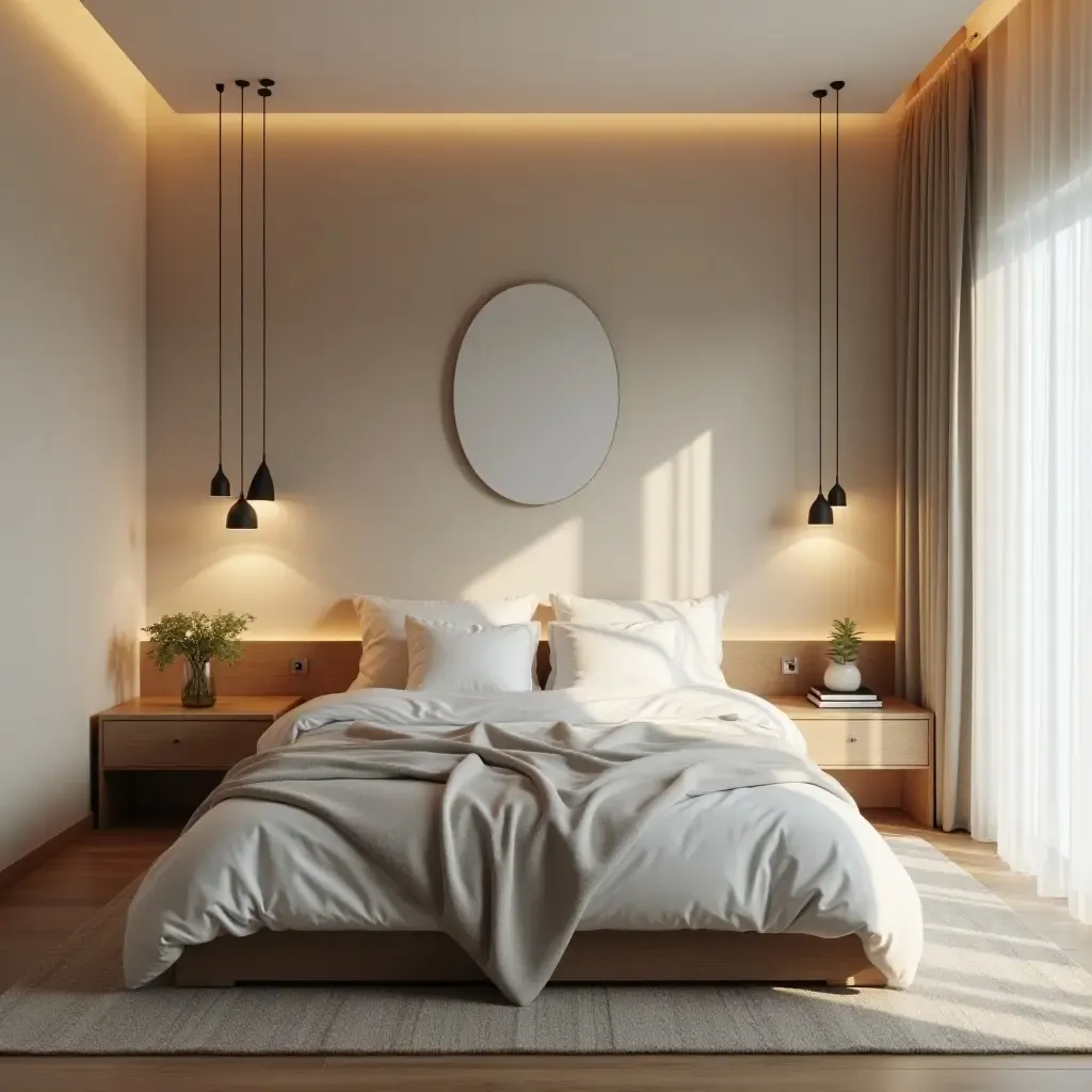 a photo of a dreamy bedroom with soft pendant lighting accents