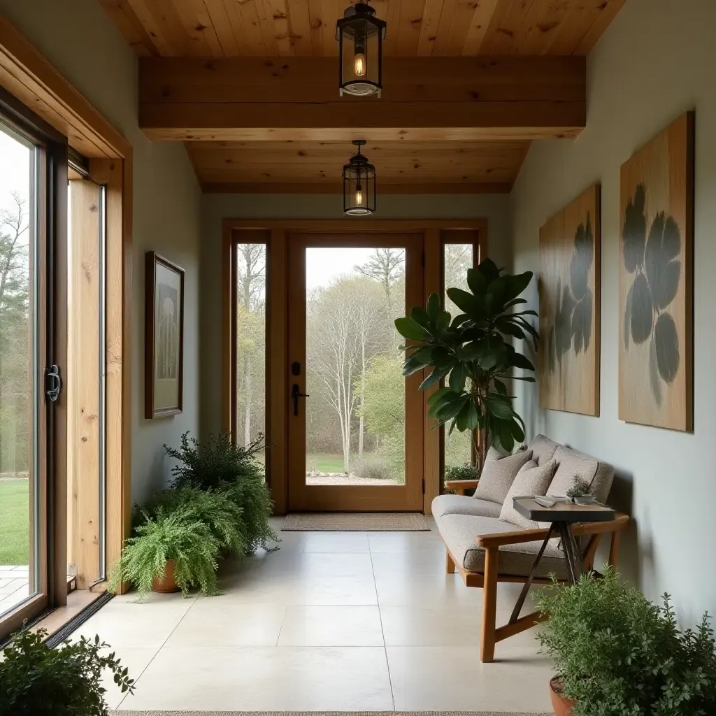 a photo of a rustic foyer adorned with natural wood and greenery