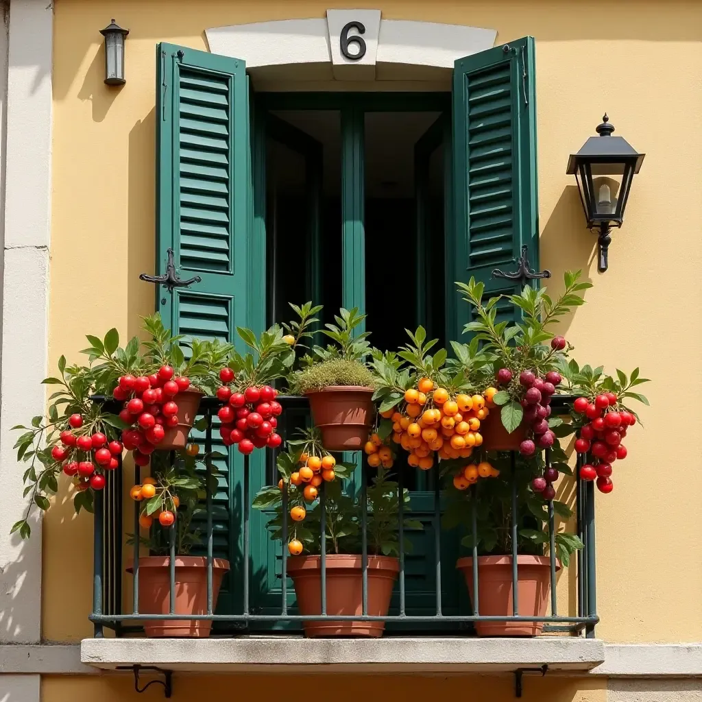 a photo of a balcony showcasing a variety of colorful Mediterranean fruits