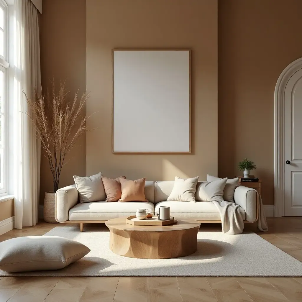 a photo of a living room with earthy tones and natural materials