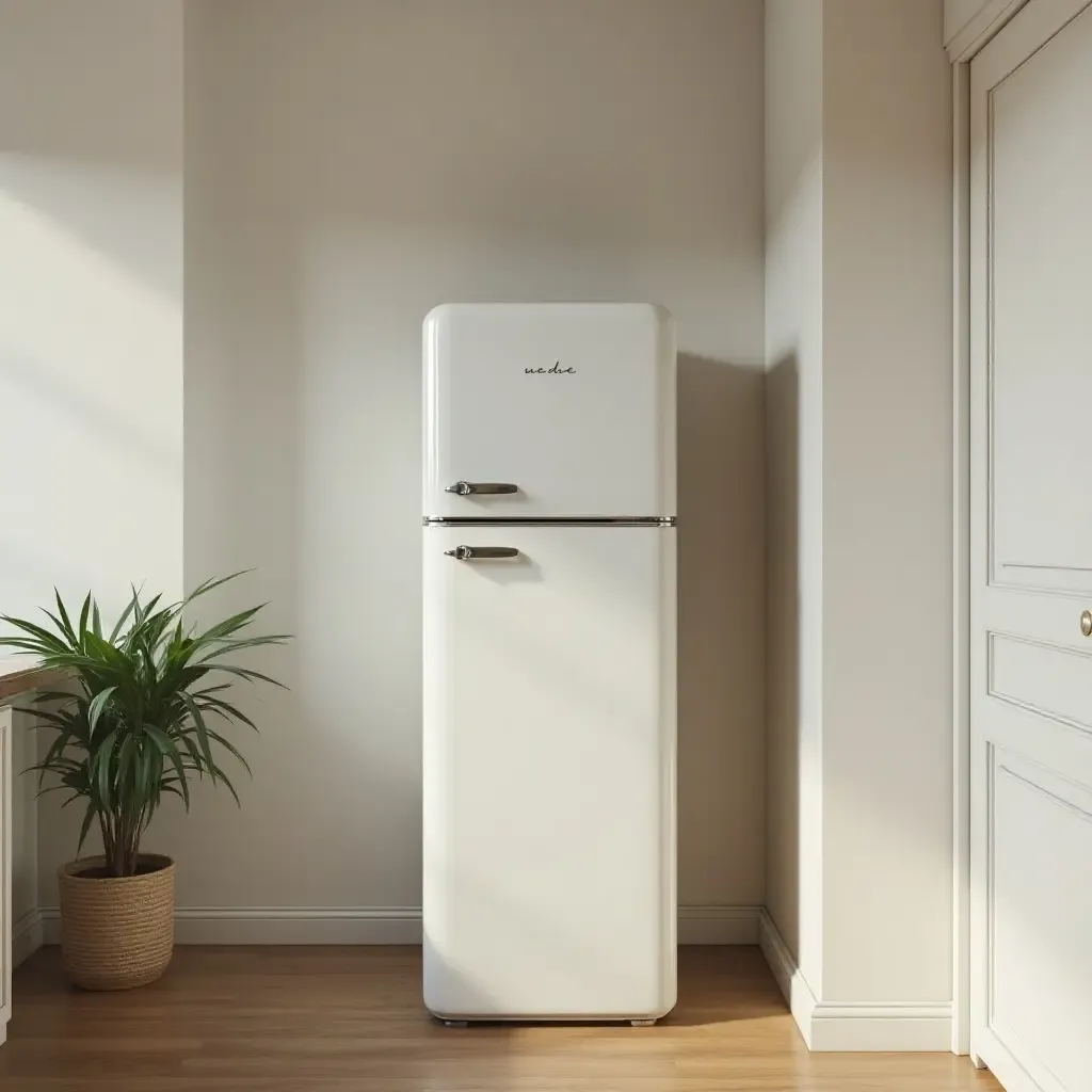 a photo of a retro refrigerator in a minimalist kitchen