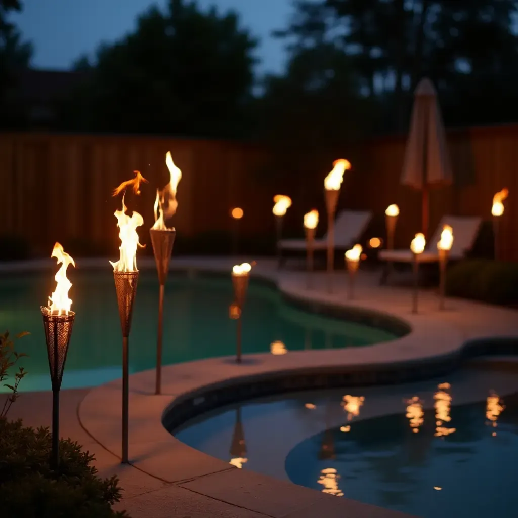 a photo of DIY tiki torches surrounding a pool area