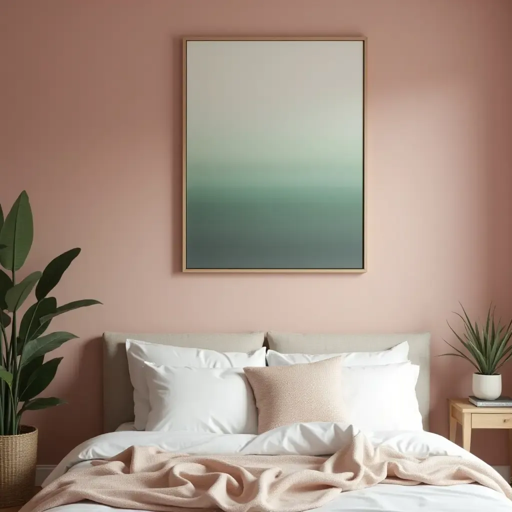 a photo of a calming bedroom with dusty pink and green wall art