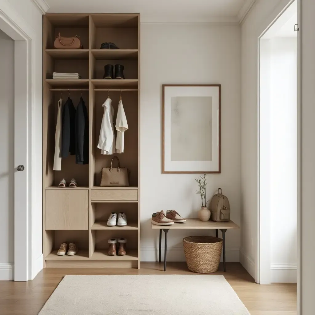 a photo of a well-organized corridor with a shoe cabinet and wall art