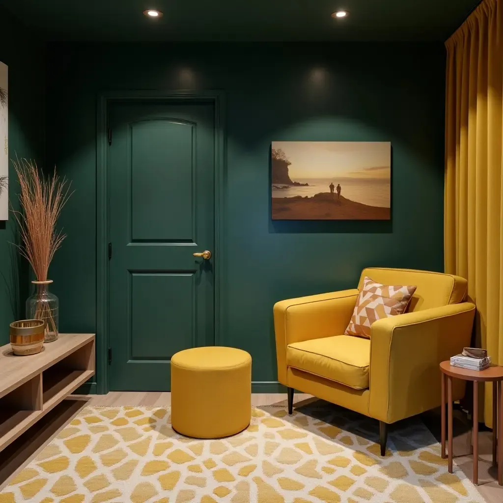 a photo of a basement showcasing a mix of deep teal and warm mustard