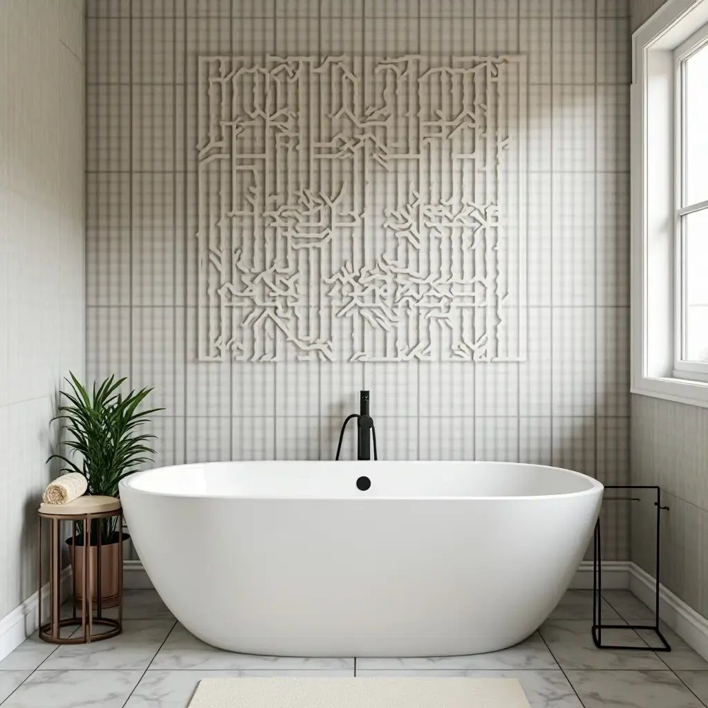 a photo of geometric patterned tiles as wall art in a bathroom