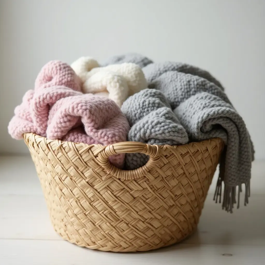 a photo of a woven basket filled with soft throw blankets