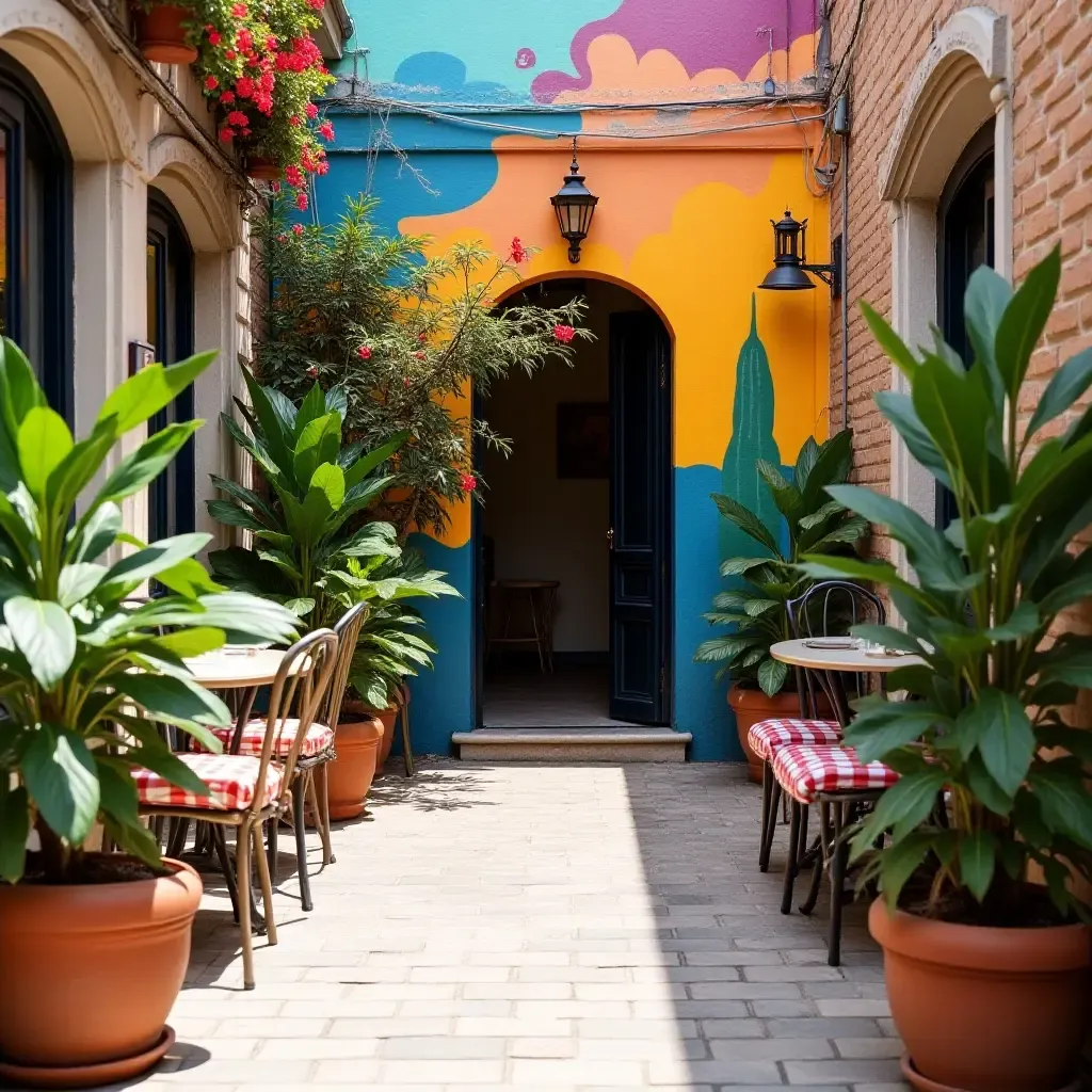 a photo of a patio with a vibrant mural and potted plants