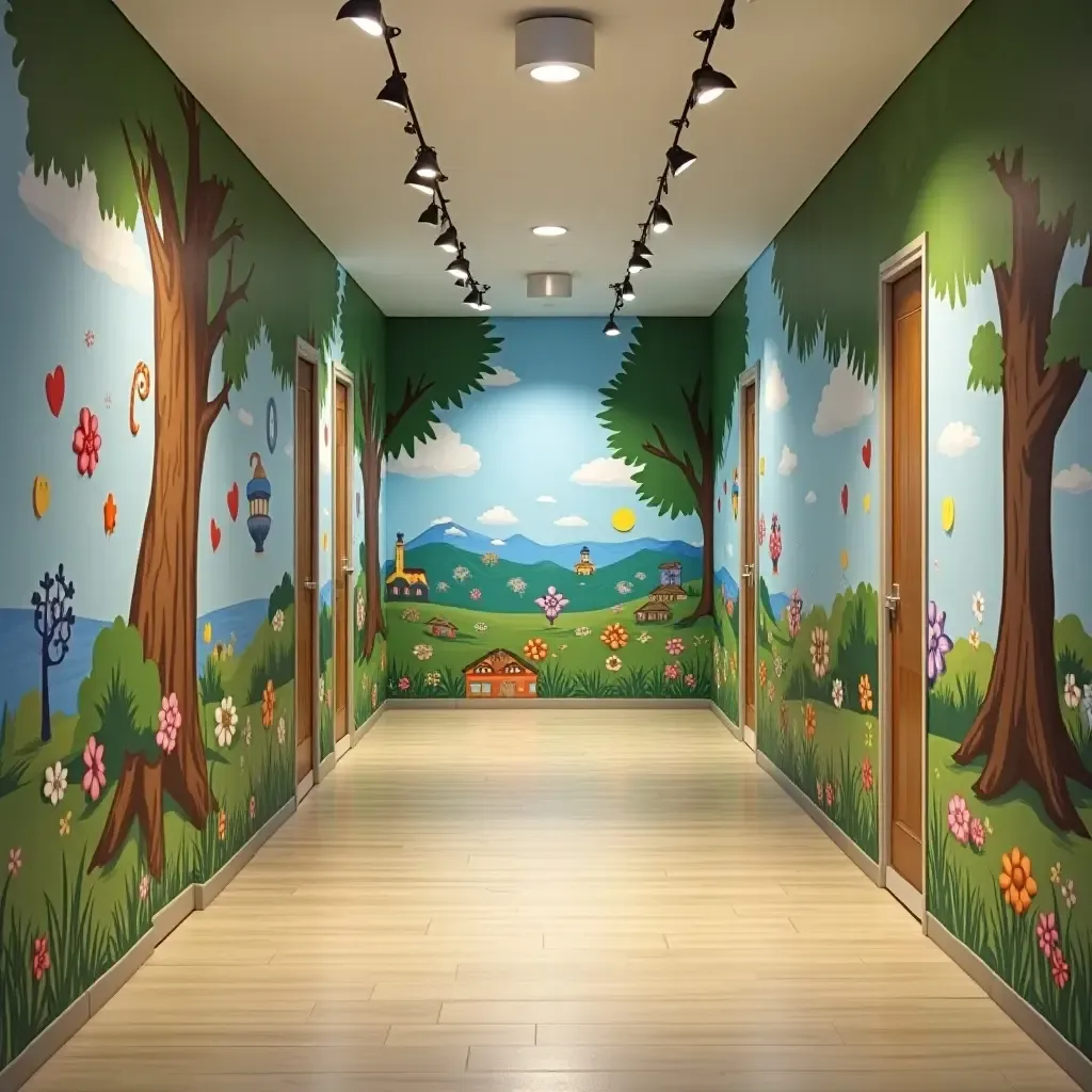 a photo of an entrance hall featuring a playful mural of a magical landscape