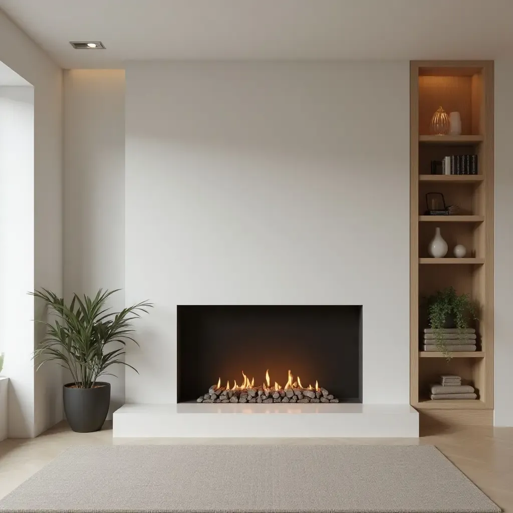 a photo of a modern minimalist fireplace mantel with sleek decor