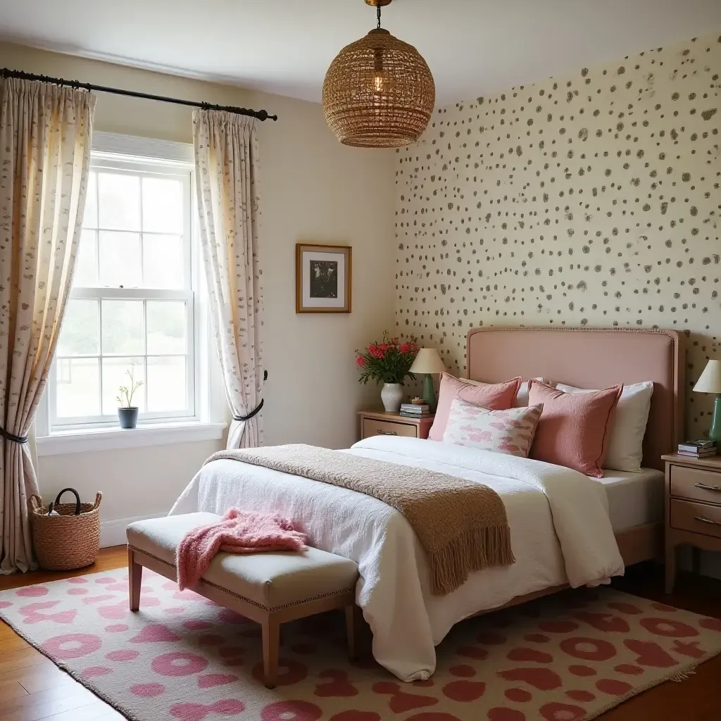 a photo of a whimsical farmhouse bedroom with playful patterns and textures