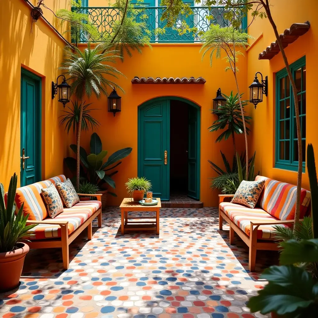 a photo of a vibrant Mexican tiled patio with colorful furniture and lush plants