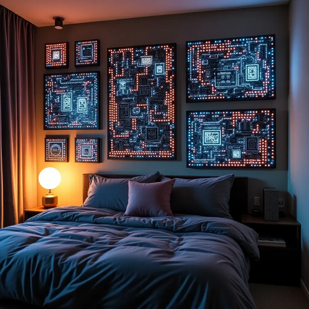 a photo of a tech-inspired gallery wall with circuit board art and LED lights in a modern teen bedroom