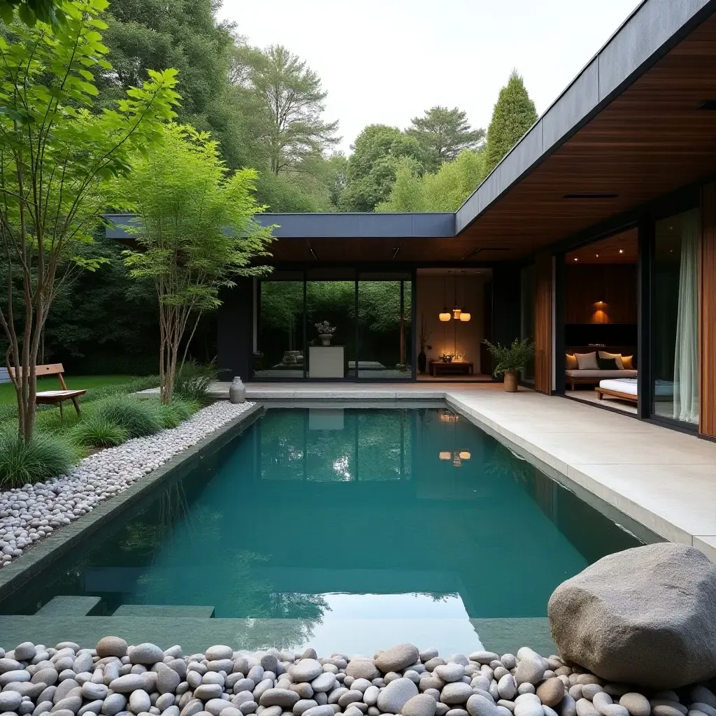 a photo of a serene outdoor pool area with a zen garden and pebbles