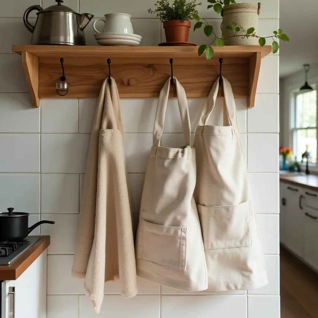 a photo of a whimsical kitchen apron display on hooks