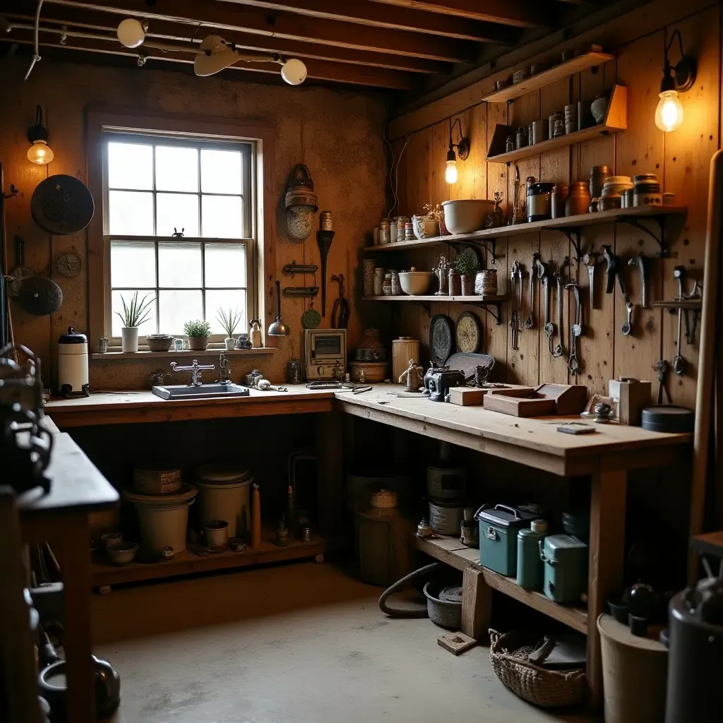 a photo of a basement workshop filled with vintage tools and crafts