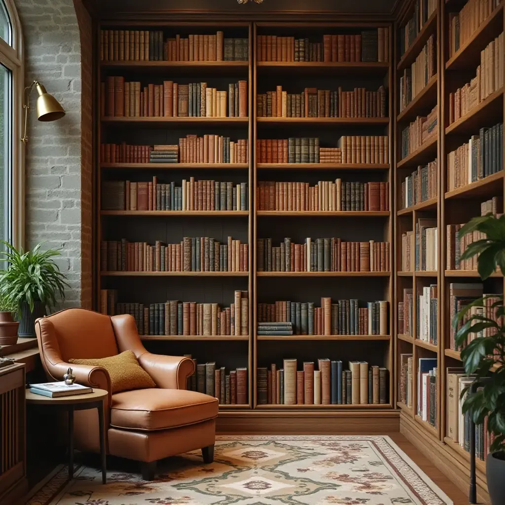 a photo of a whimsical bookshelf wallpaper in a library