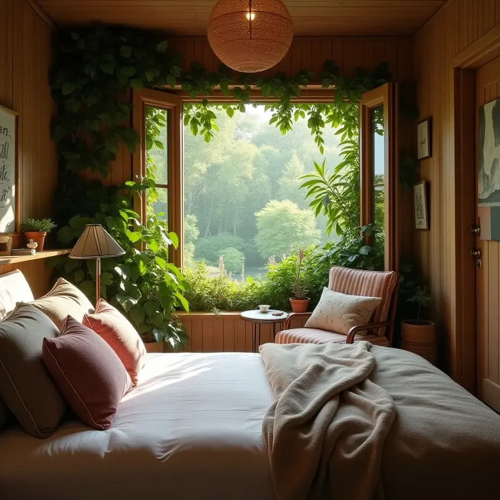 a photo of a cozy bedroom with a reading nook surrounded by greenery