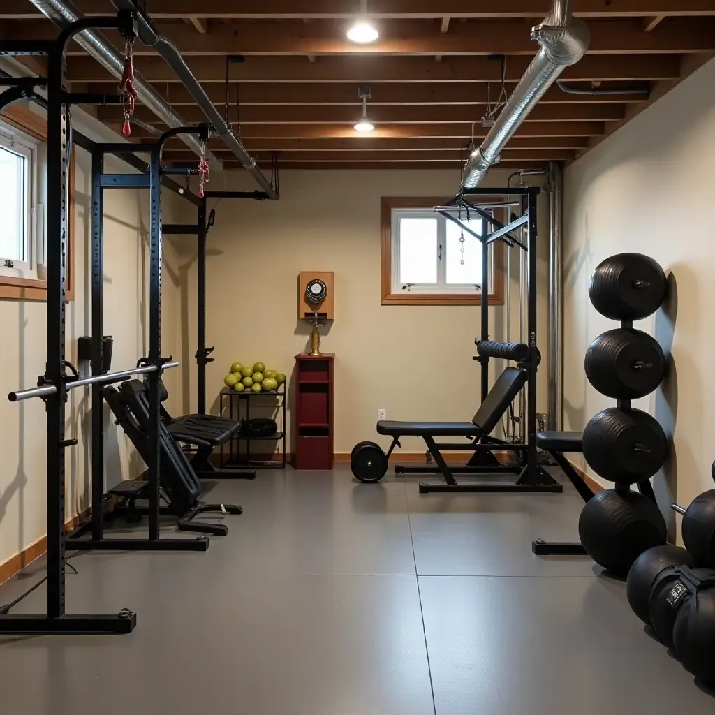 a photo of a functional basement gym with simple equipment