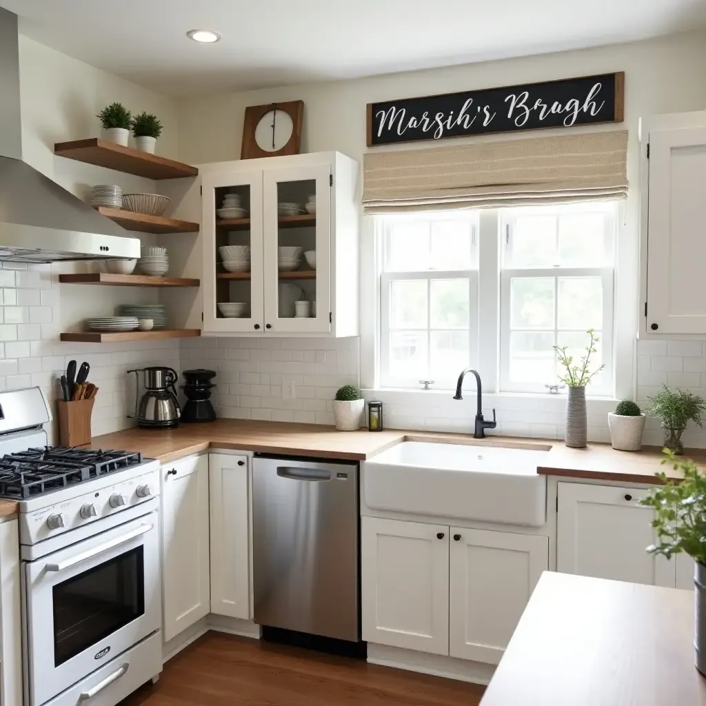 a photo of a farmhouse kitchen with chalkboard signs and rustic decor elements