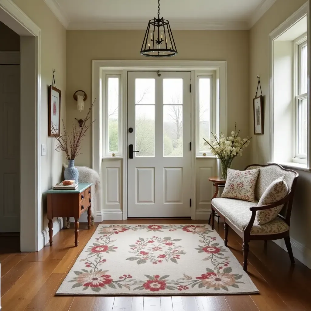 a photo of a floral patterned rug in a charming cottage entrance